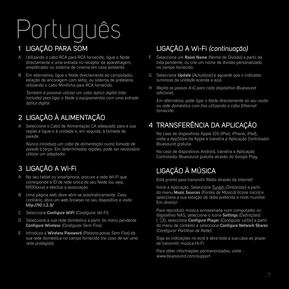 Português, 1 ligação para som, 2 ligação à alimentação | 3 ligação a wi-fi, Ligação a wi-fi (continuação), 4 transferência da aplicação, Ligação à música | Bluesound NODE Quick start guide User Manual | Page 11 / 16
