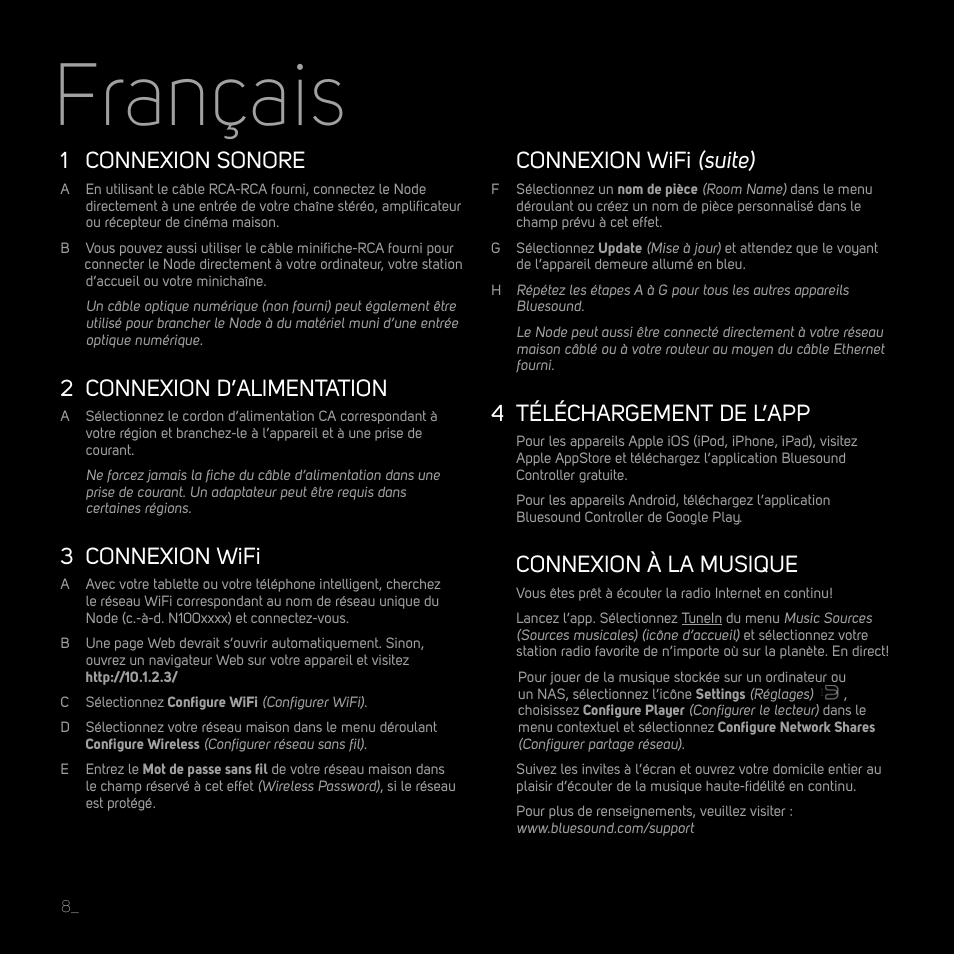 Français, 1 connexion sonore, 2 connexion d’alimentation | 3 connexion wifi, Connexion wifi (suite), 4 téléchargement de l’app, Connexion à la musique | Bluesound NODE Quick start guide User Manual | Page 8 / 16