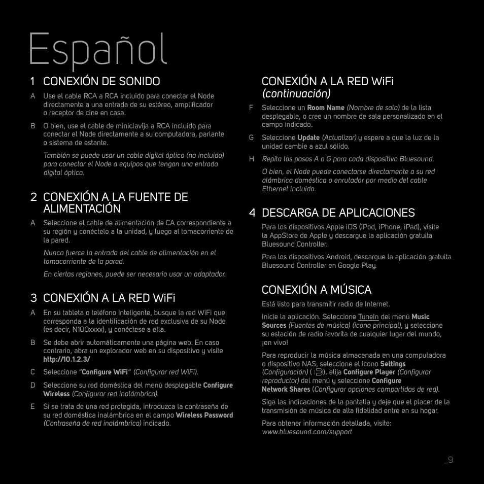 Español, 1 conexión de sonido, 2 conexión a la fuente de alimentación | 3 conexión a la red wifi, Conexión a la red wifi (continuación), 4 descarga de aplicaciones, Conexión a música | Bluesound NODE Quick start guide User Manual | Page 9 / 16