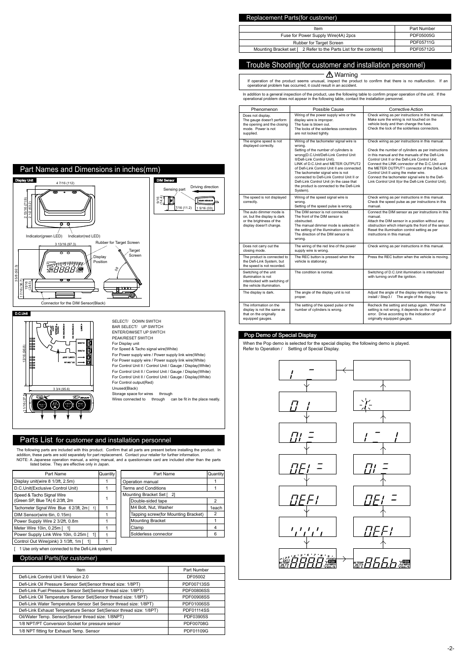 Part names and dimensions in inches(mm), Parts list, For customer and installation personnel | Optional parts(for customer), Replacement parts(for customer), Warning, Pop demo of special display | Defi Link VSD X User Manual | Page 2 / 6