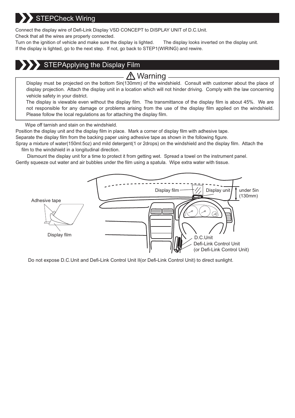 Warning, Step ３ applying the display film, Step ２ check wiring | Defi Link VSD Concept User Manual | Page 5 / 16