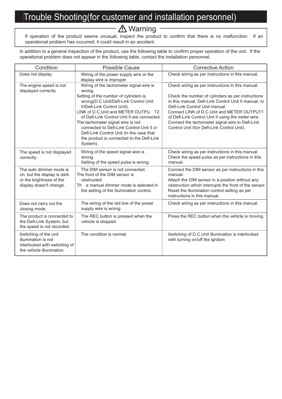 Warning | Defi Link VSD Concept User Manual | Page 7 / 16