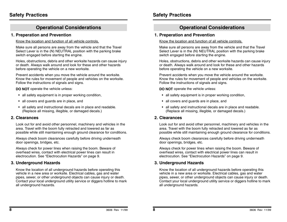 Safety practices, Operational considerations | SkyTrak 3606 Operation Manual User Manual | Page 10 / 168