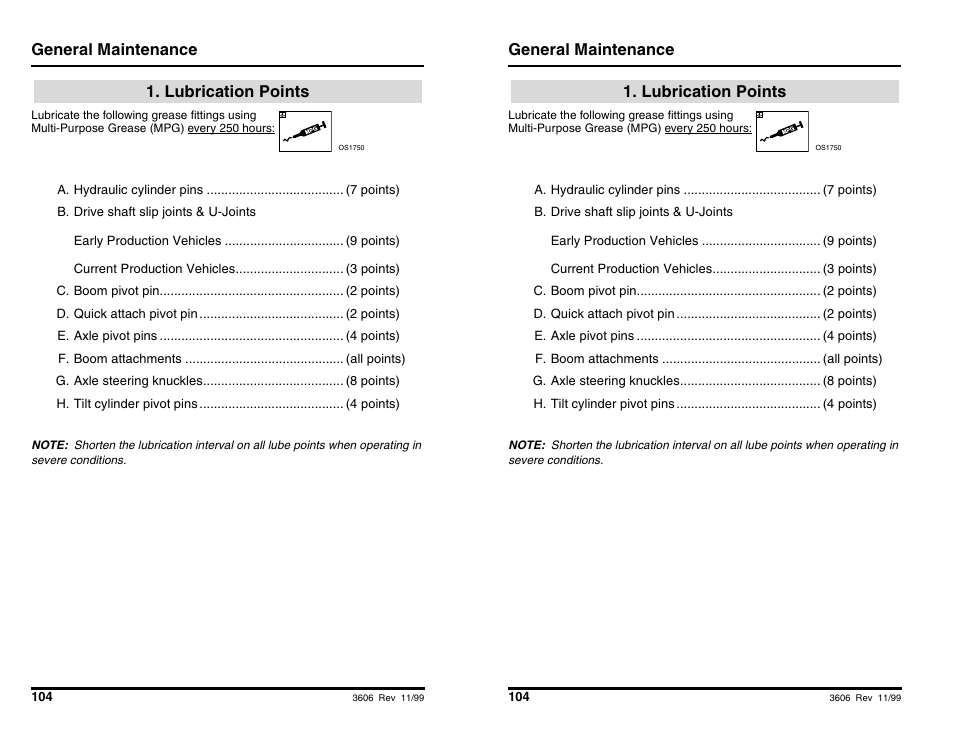 General maintenance, Lubrication points | SkyTrak 3606 Operation Manual User Manual | Page 106 / 168