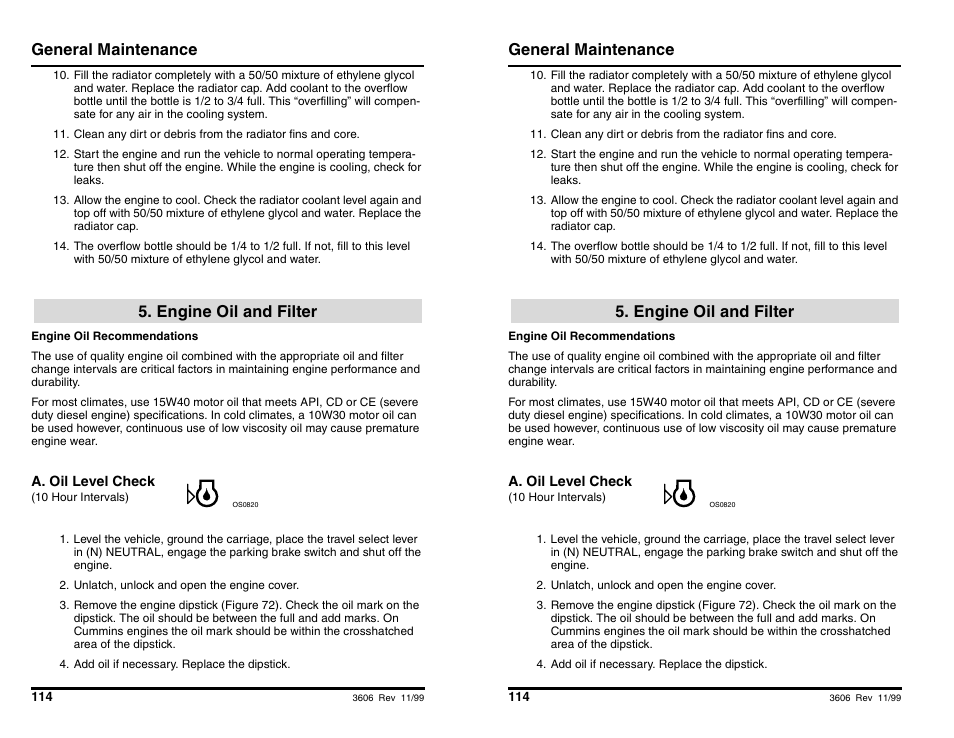 General maintenance, Engine oil and filter | SkyTrak 3606 Operation Manual User Manual | Page 116 / 168