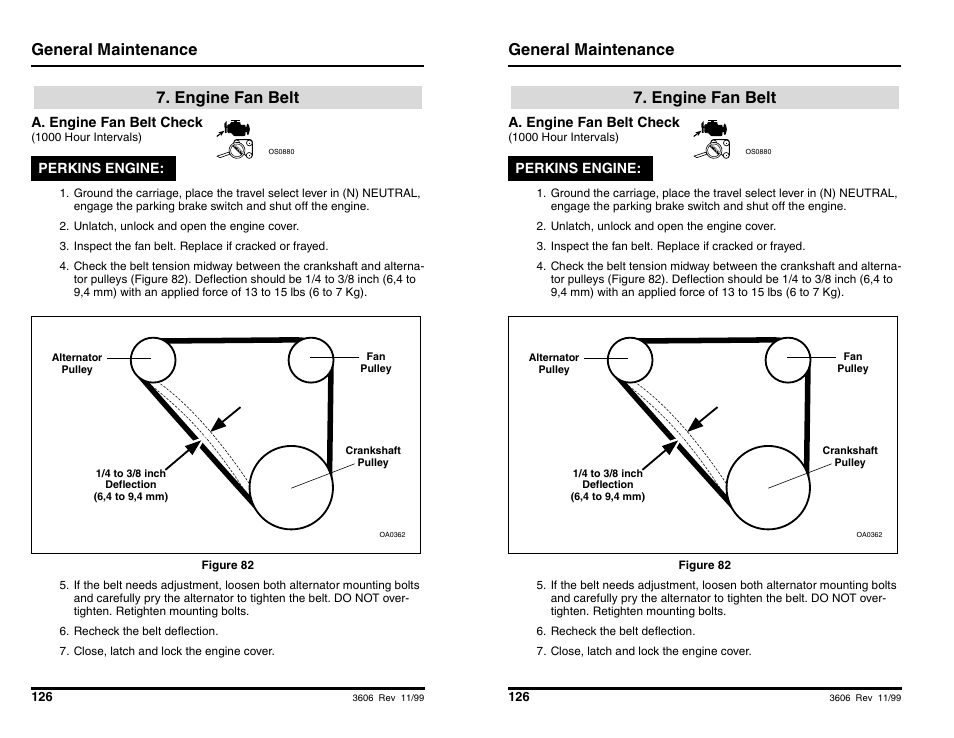 General maintenance, Engine fan belt | SkyTrak 3606 Operation Manual User Manual | Page 128 / 168