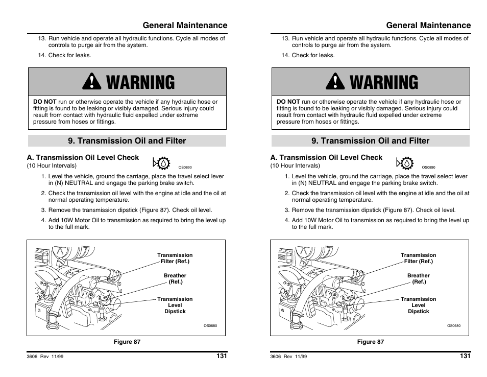 Warning, General maintenance, Transmission oil and filter | SkyTrak 3606 Operation Manual User Manual | Page 133 / 168