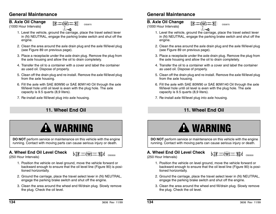 Warning, General maintenance, Wheel end oil | SkyTrak 3606 Operation Manual User Manual | Page 136 / 168