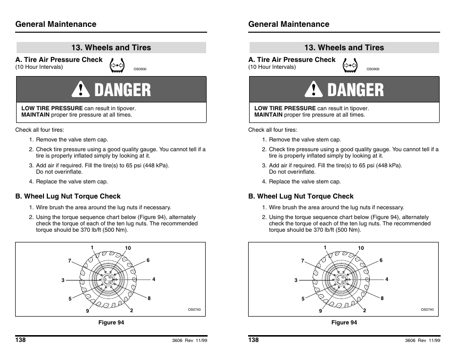 Danger, General maintenance, Wheels and tires | SkyTrak 3606 Operation Manual User Manual | Page 140 / 168
