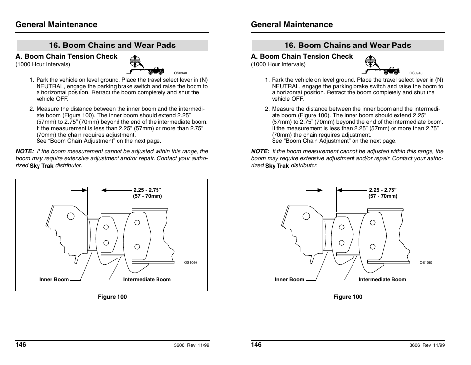General maintenance, Boom chains and wear pads | SkyTrak 3606 Operation Manual User Manual | Page 148 / 168