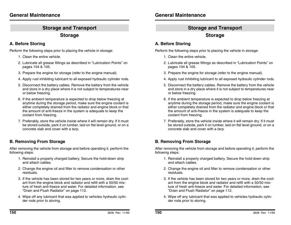 General maintenance storage, Storage and transport | SkyTrak 3606 Operation Manual User Manual | Page 152 / 168