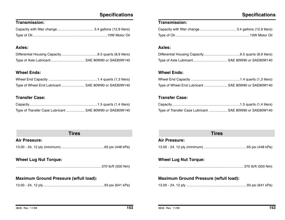 Specifications, Tires specifications, Tires | SkyTrak 3606 Operation Manual User Manual | Page 155 / 168