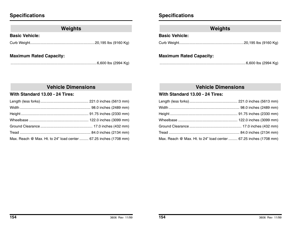 Specifications, Weights vehicle dimensions | SkyTrak 3606 Operation Manual User Manual | Page 156 / 168