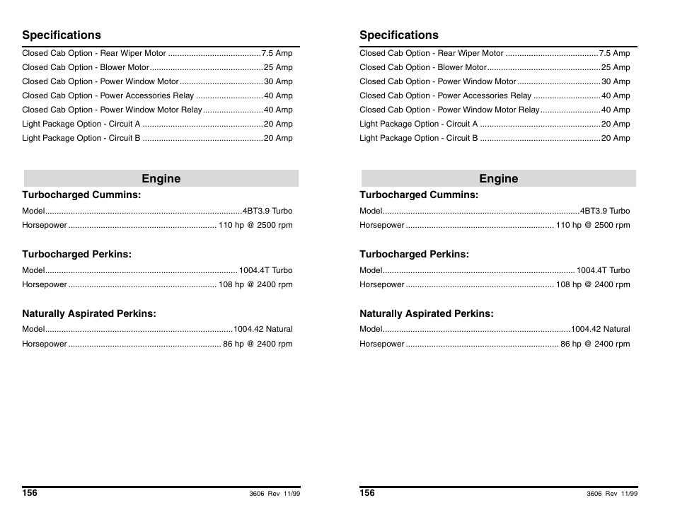 Specifications, Engine | SkyTrak 3606 Operation Manual User Manual | Page 158 / 168