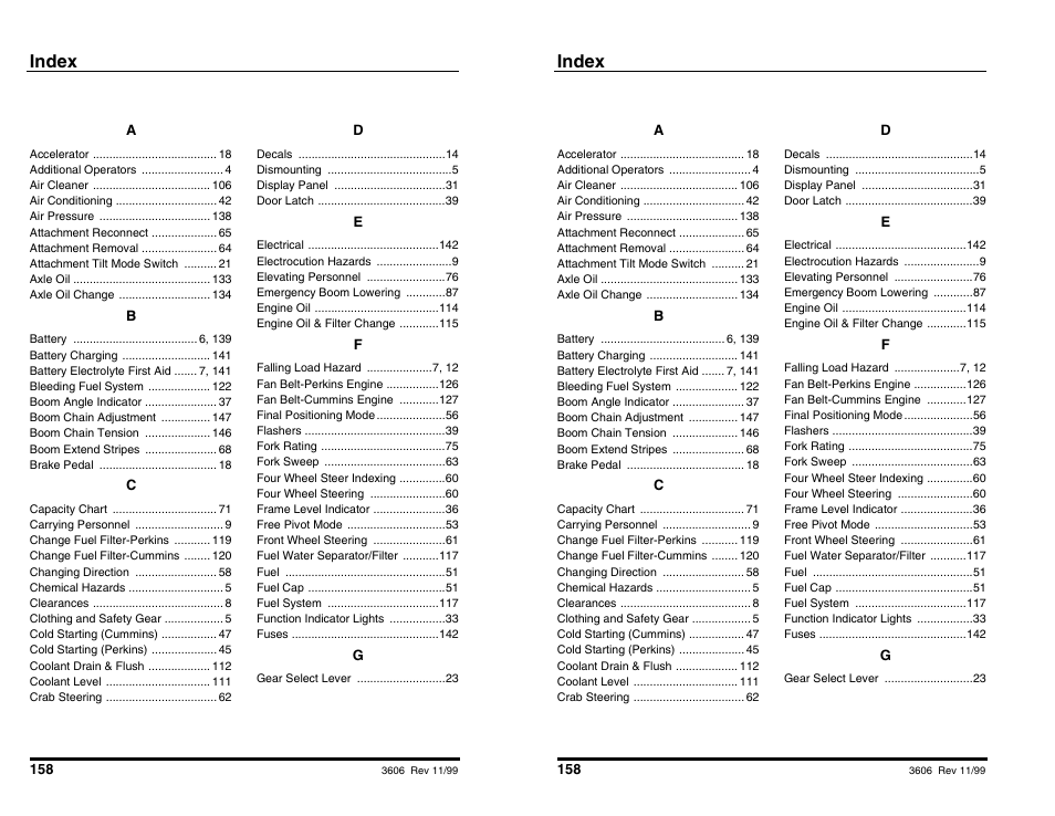 Index | SkyTrak 3606 Operation Manual User Manual | Page 160 / 168