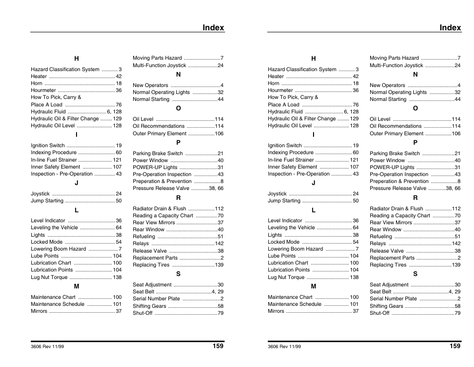Index | SkyTrak 3606 Operation Manual User Manual | Page 161 / 168
