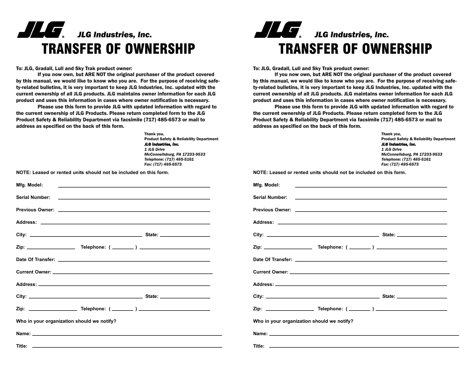 Transfer of ownership, Jlg industries, inc | SkyTrak 3606 Operation Manual User Manual | Page 165 / 168