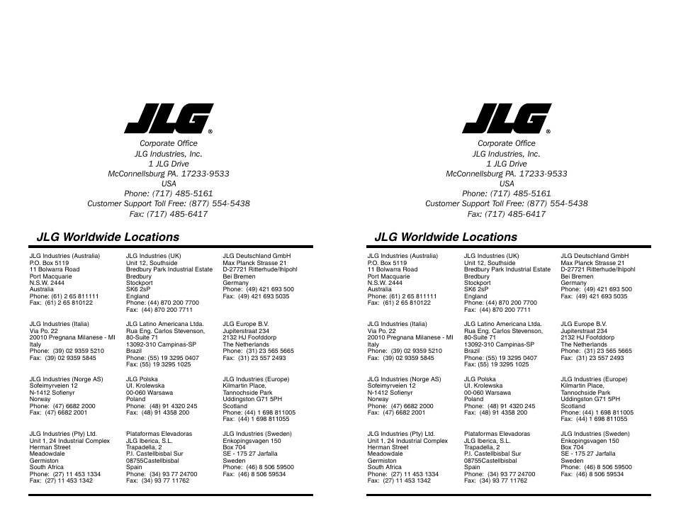 Jlg worldwide locations | SkyTrak 3606 Operation Manual User Manual | Page 168 / 168