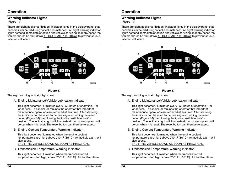 Operation, Warning indicator lights | SkyTrak 3606 Operation Manual User Manual | Page 36 / 168
