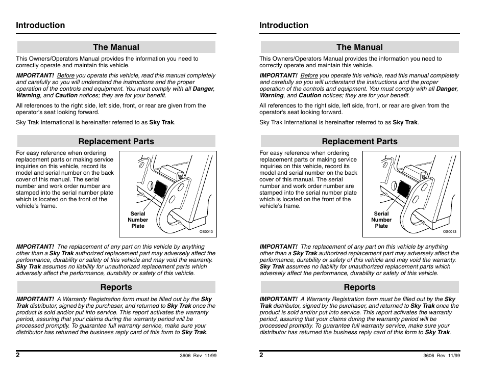 Introduction, The manual replacement parts reports | SkyTrak 3606 Operation Manual User Manual | Page 4 / 168