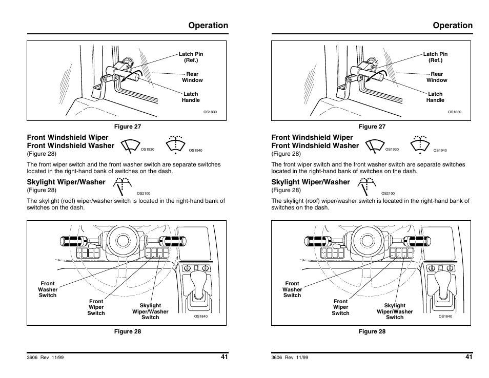 Operation, Front windshield wiper front windshield washer, Skylight wiper/washer | SkyTrak 3606 Operation Manual User Manual | Page 43 / 168