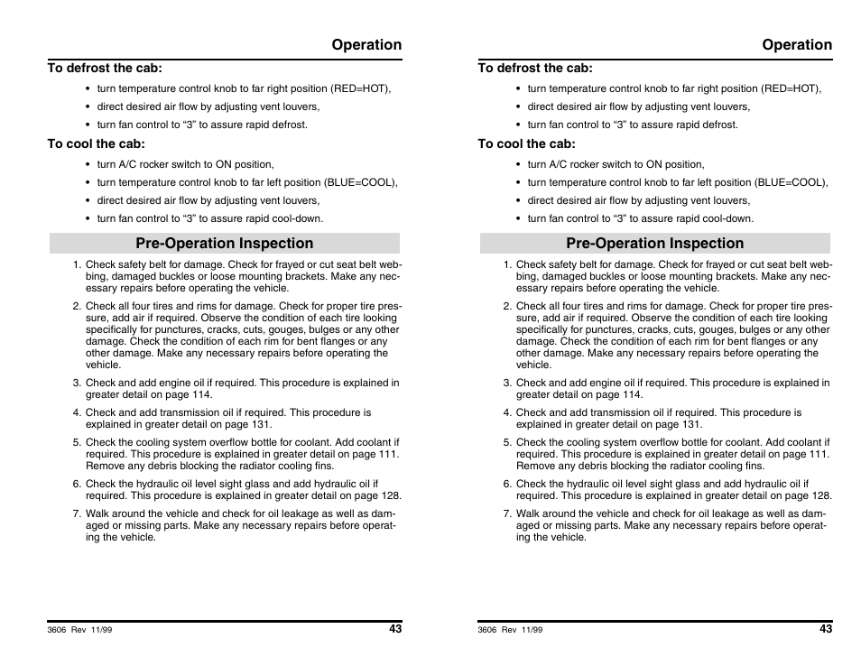 Operation, Pre-operation inspection operation, Pre-operation inspection | SkyTrak 3606 Operation Manual User Manual | Page 45 / 168