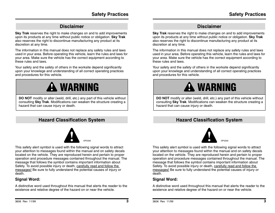 Safety practices, Warning | SkyTrak 3606 Operation Manual User Manual | Page 5 / 168