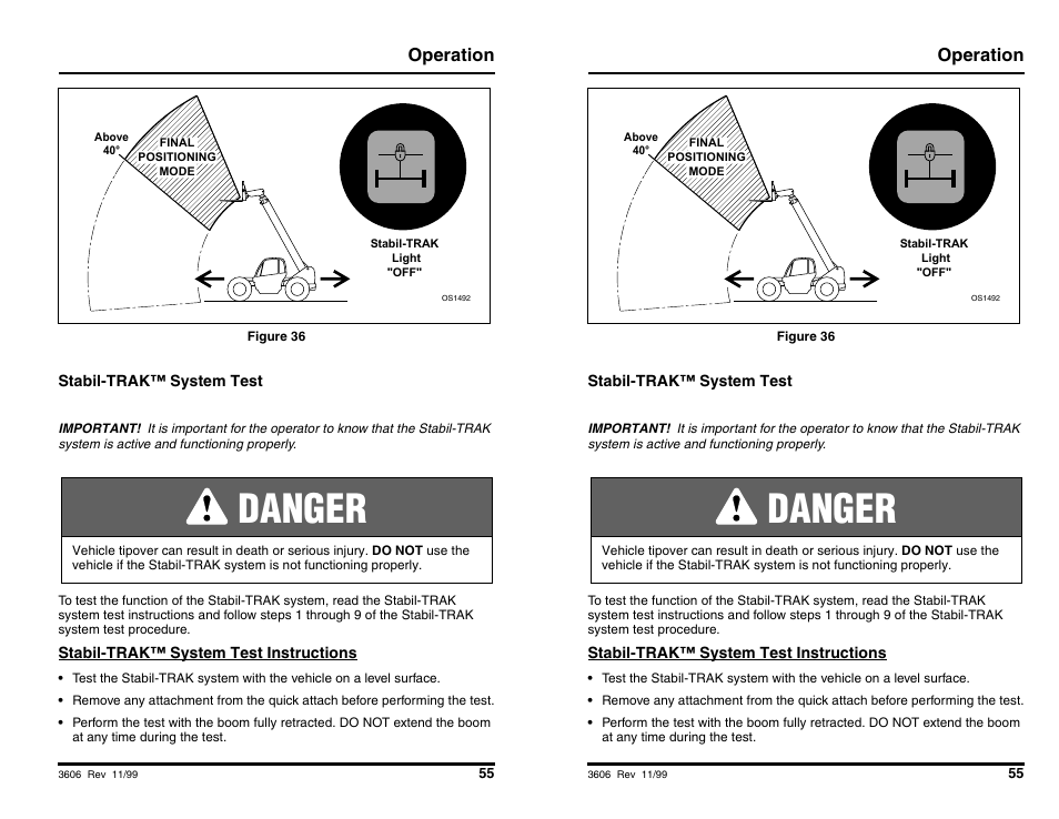 Danger, Operation | SkyTrak 3606 Operation Manual User Manual | Page 57 / 168