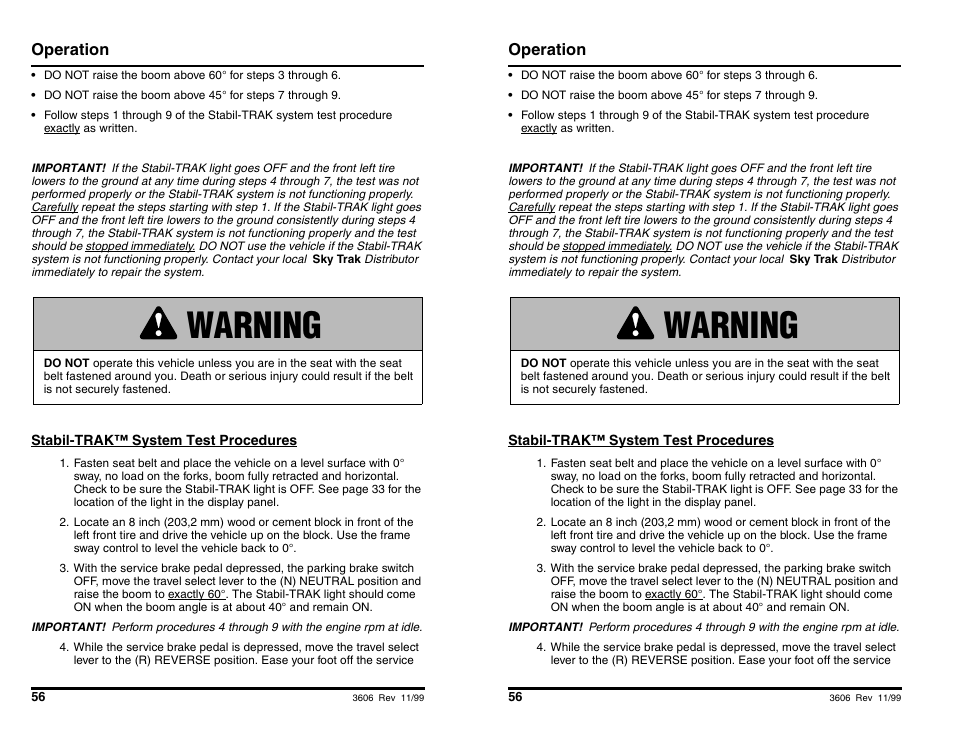 Warning, Operation | SkyTrak 3606 Operation Manual User Manual | Page 58 / 168