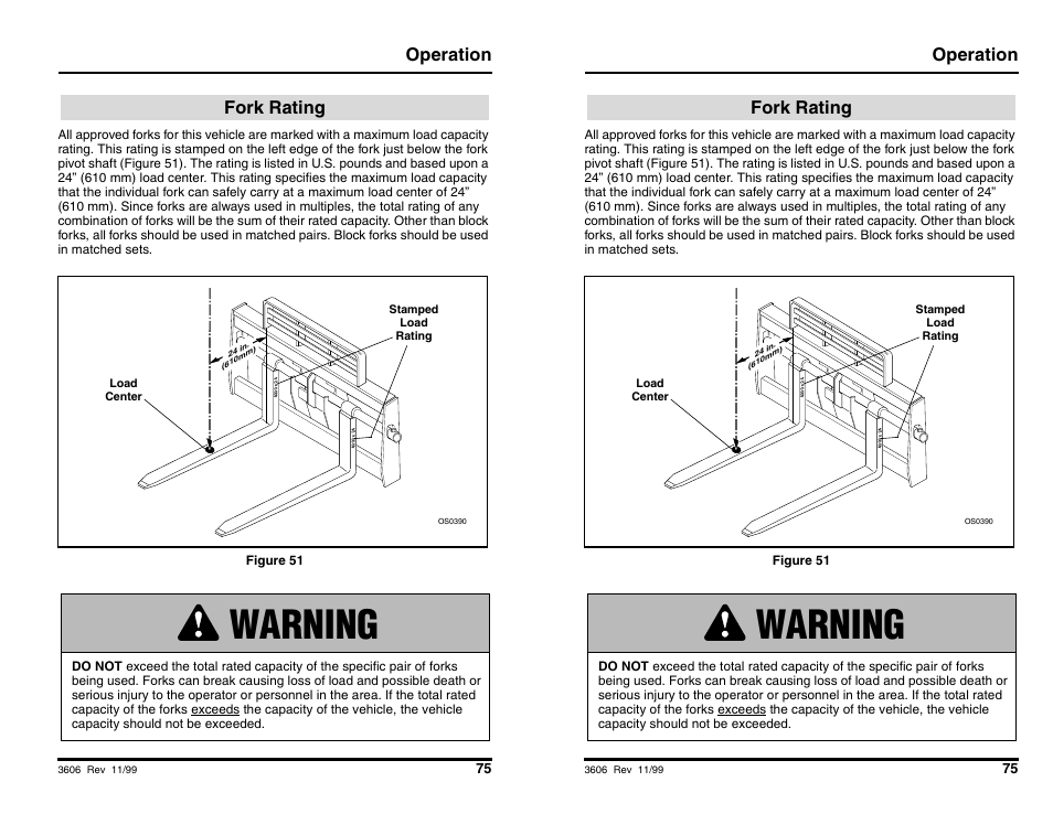 Warning, Operation, Fork rating | SkyTrak 3606 Operation Manual User Manual | Page 77 / 168