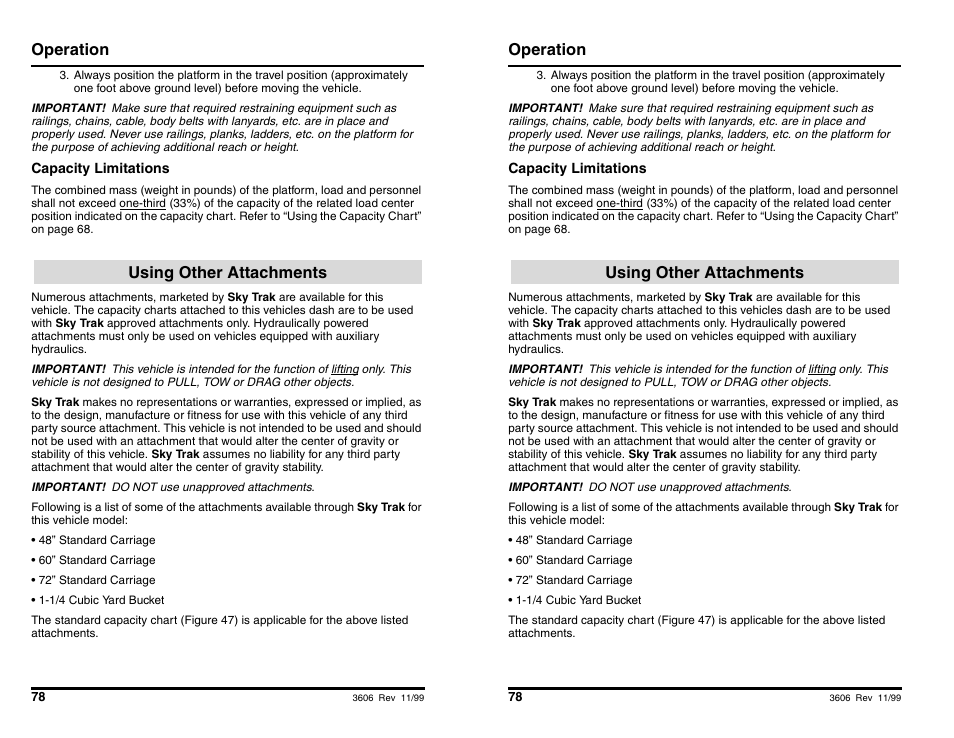 Operation, Using other attachments | SkyTrak 3606 Operation Manual User Manual | Page 80 / 168