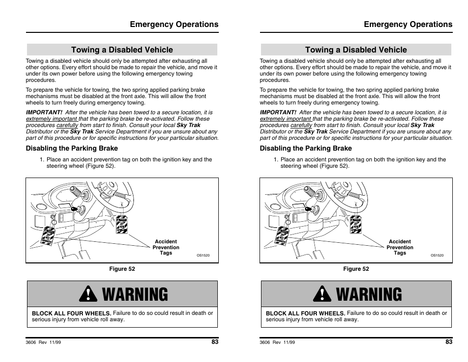 Emergency operations, Warning, Towing a disabled vehicle | SkyTrak 3606 Operation Manual User Manual | Page 85 / 168