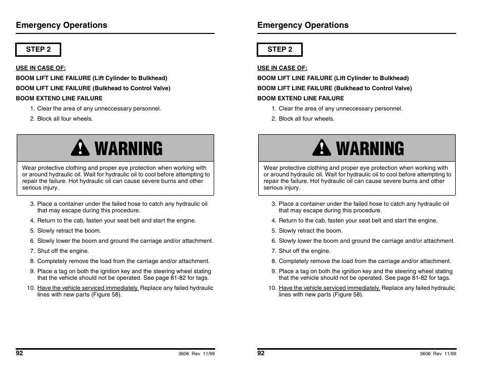 Warning, Emergency operations | SkyTrak 3606 Operation Manual User Manual | Page 94 / 168