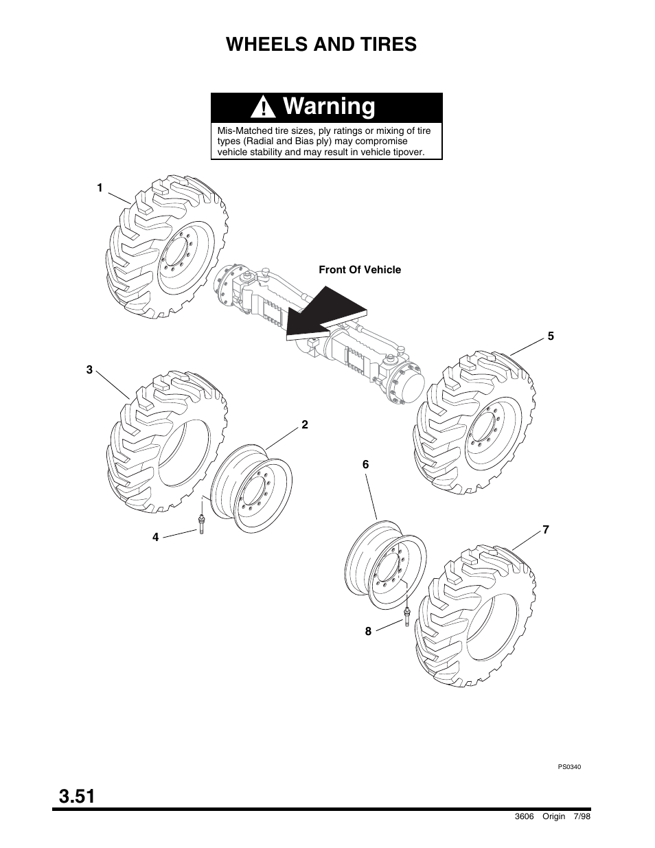 Wheels and tires, Brake assembly - front axle, Power steering circuit | Ear thrust washer, Warning, 51 wheels and tires | SkyTrak 3606 Parts Manual User Manual | Page 100 / 238