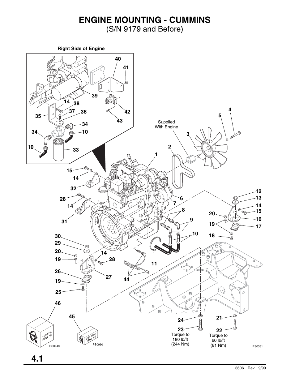 Section 4 power plant, Engine mounting - cummins, S/n 9179 and before) | SkyTrak 3606 Parts Manual User Manual | Page 104 / 238