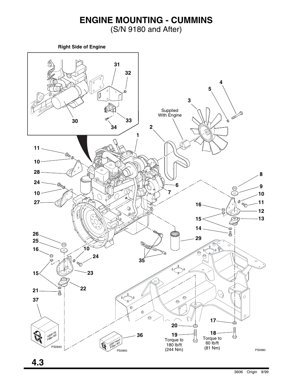 Duction gears - front/rear axles, Boom raise/lower & extend/retract circuit, 3 engine mounting - cummins | S/n 9180 and after) | SkyTrak 3606 Parts Manual User Manual | Page 106 / 238