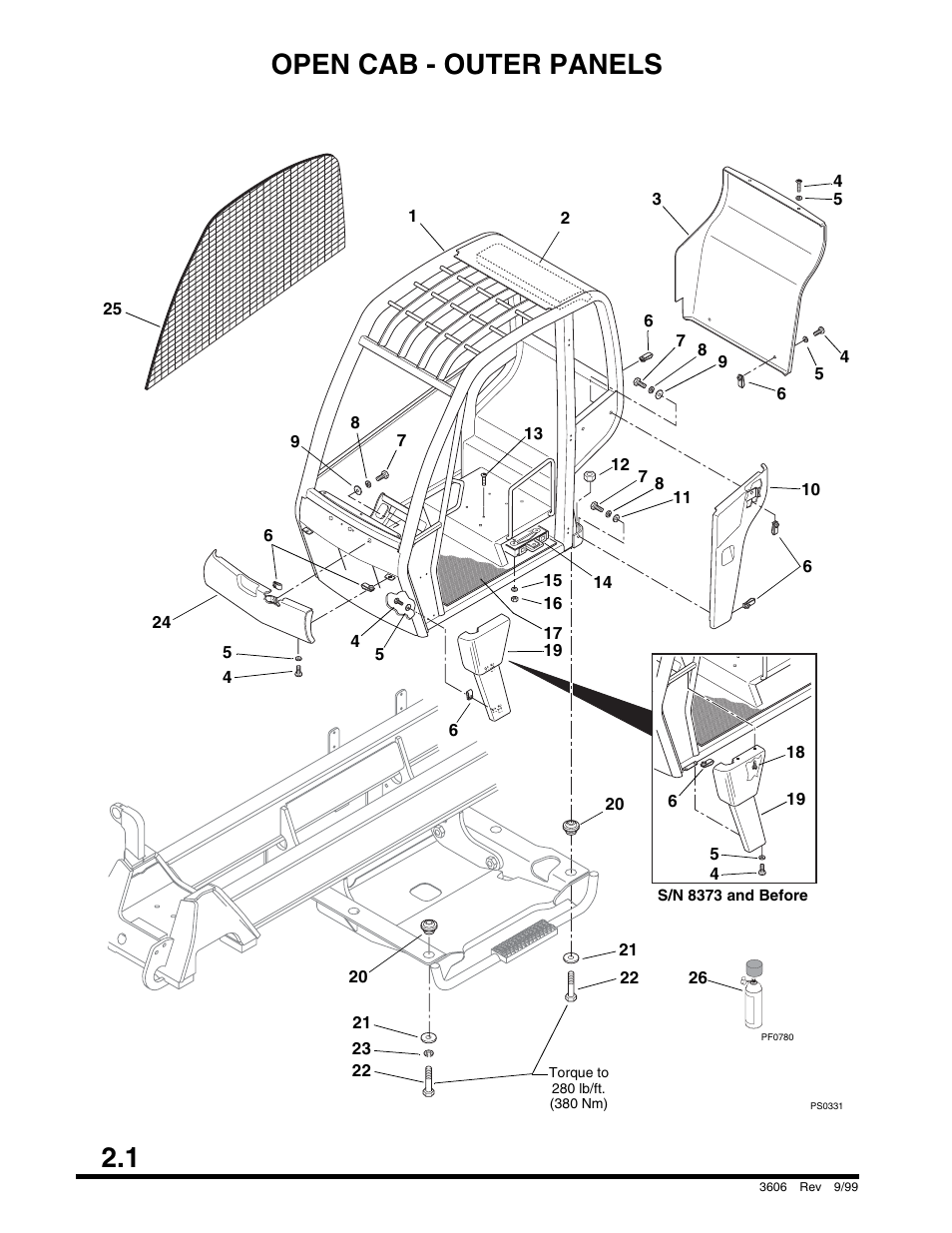 Section 2 operator's cab and controls, Open cab - outer panels, Transmission case, plate & converter housing | SkyTrak 3606 Parts Manual User Manual | Page 12 / 238