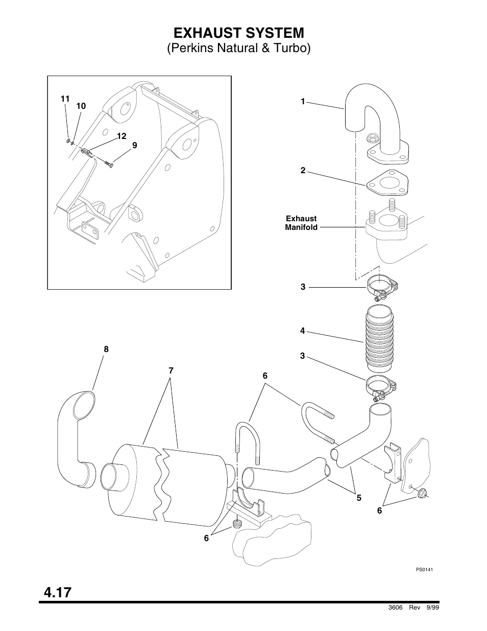 Exhaust system (perkins natural & turbo), Quick attach, Ator | 17 exhaust system, Perkins natural & turbo) | SkyTrak 3606 Parts Manual User Manual | Page 120 / 238