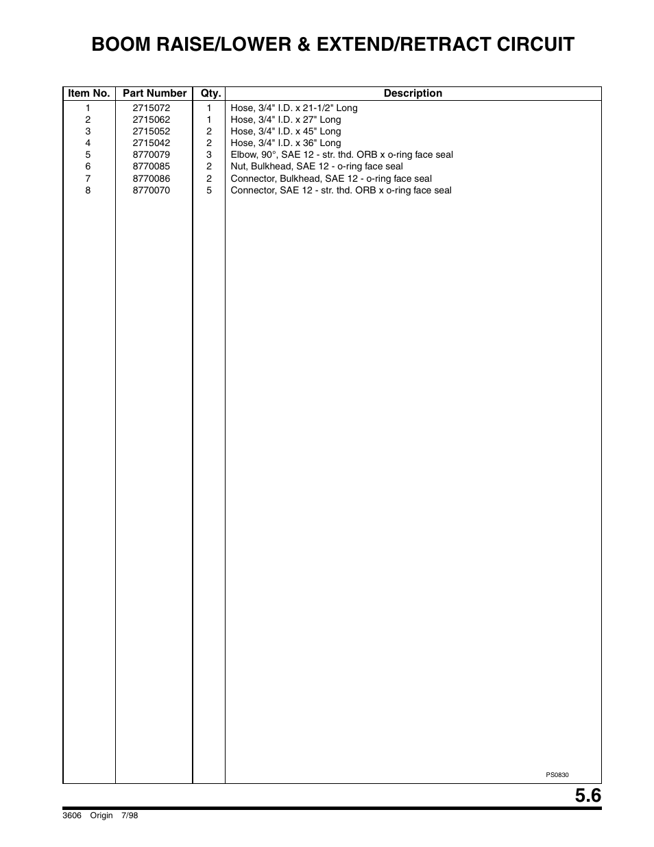 Boom raise/lower & extend/retract circuit | SkyTrak 3606 Parts Manual User Manual | Page 133 / 238