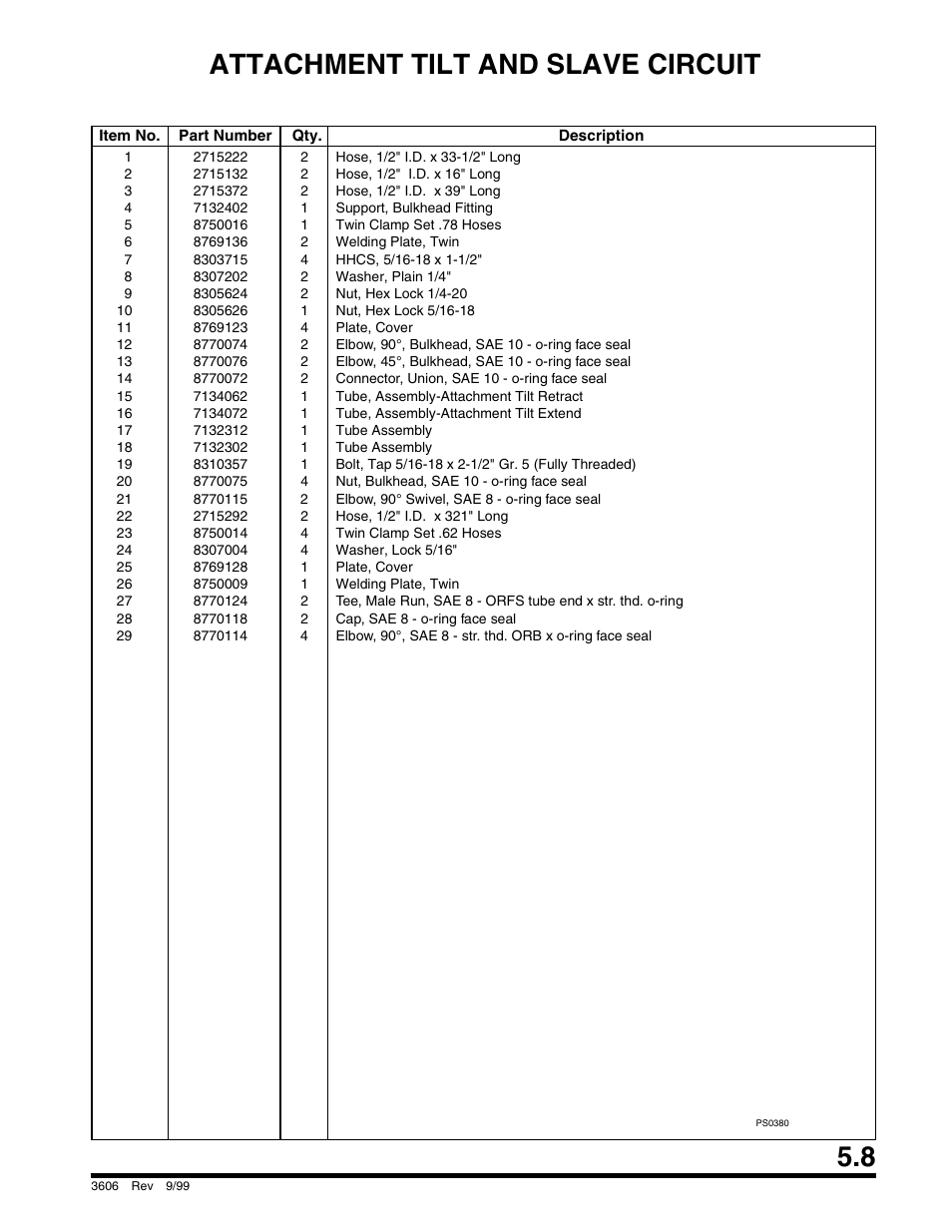 Attachment tilt and slave circuit | SkyTrak 3606 Parts Manual User Manual | Page 135 / 238