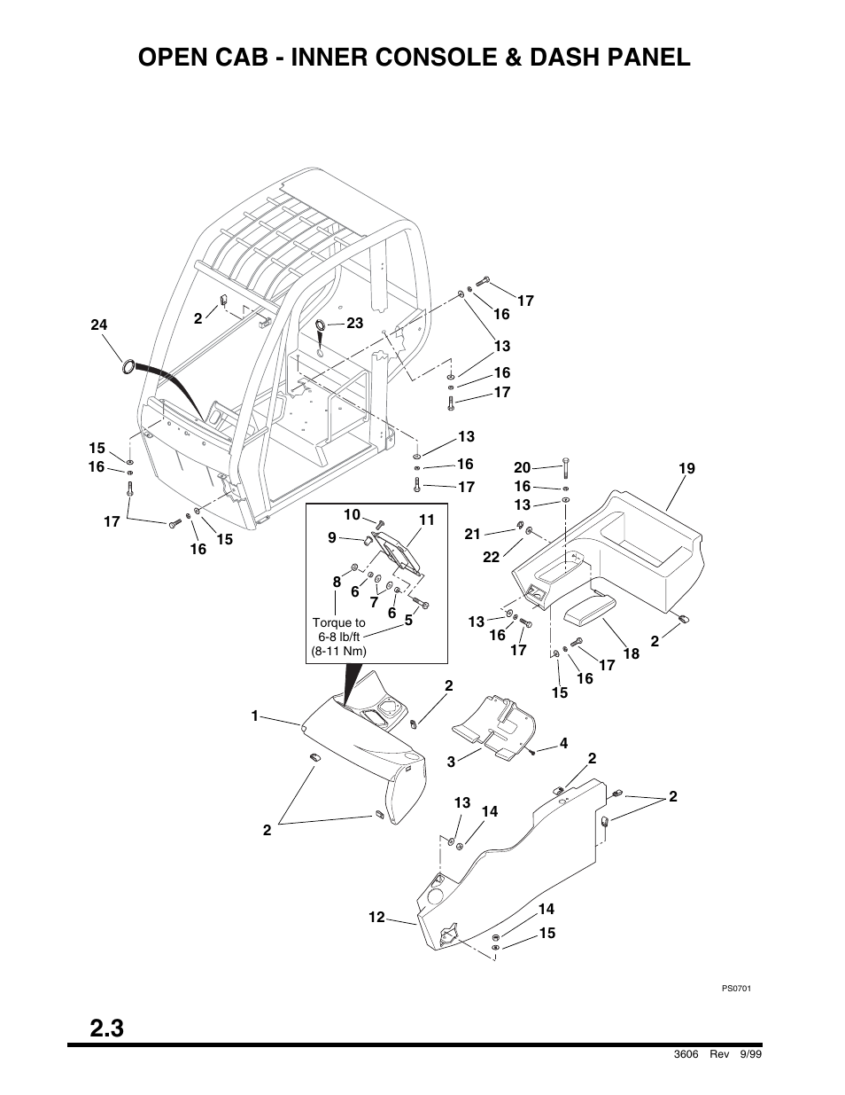 Open cab - inner console & dash panel, 3 open cab - inner console & dash panel | SkyTrak 3606 Parts Manual User Manual | Page 14 / 238