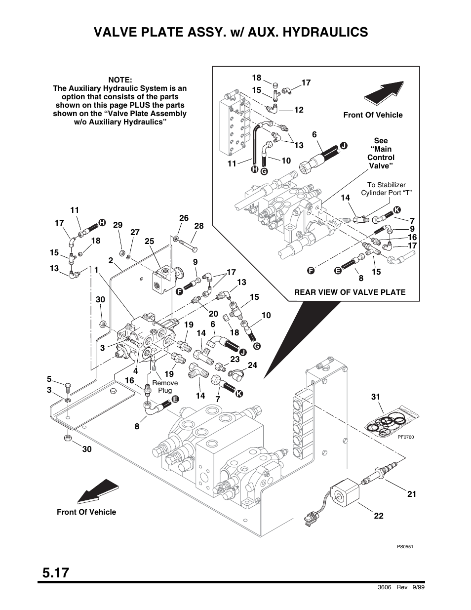 Valve plate assy. w/ aux. hydraulics, Slave cylinder, Optional) | SkyTrak 3606 Parts Manual User Manual | Page 144 / 238