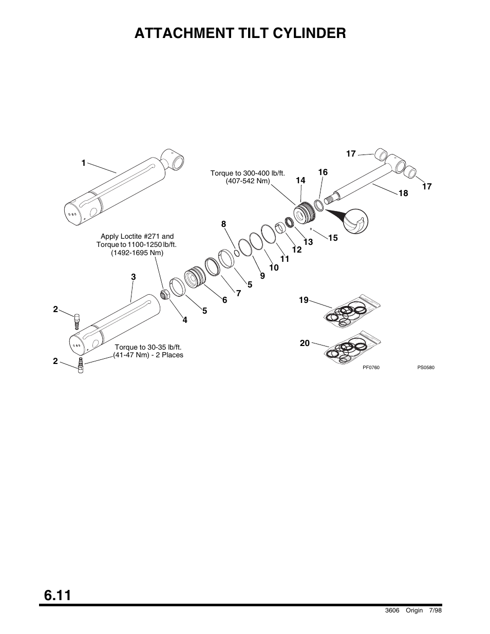 Attachment tilt cylinder, Boom raise/lower & extend/retract sections), 11 attachment tilt cylinder | SkyTrak 3606 Parts Manual User Manual | Page 164 / 238