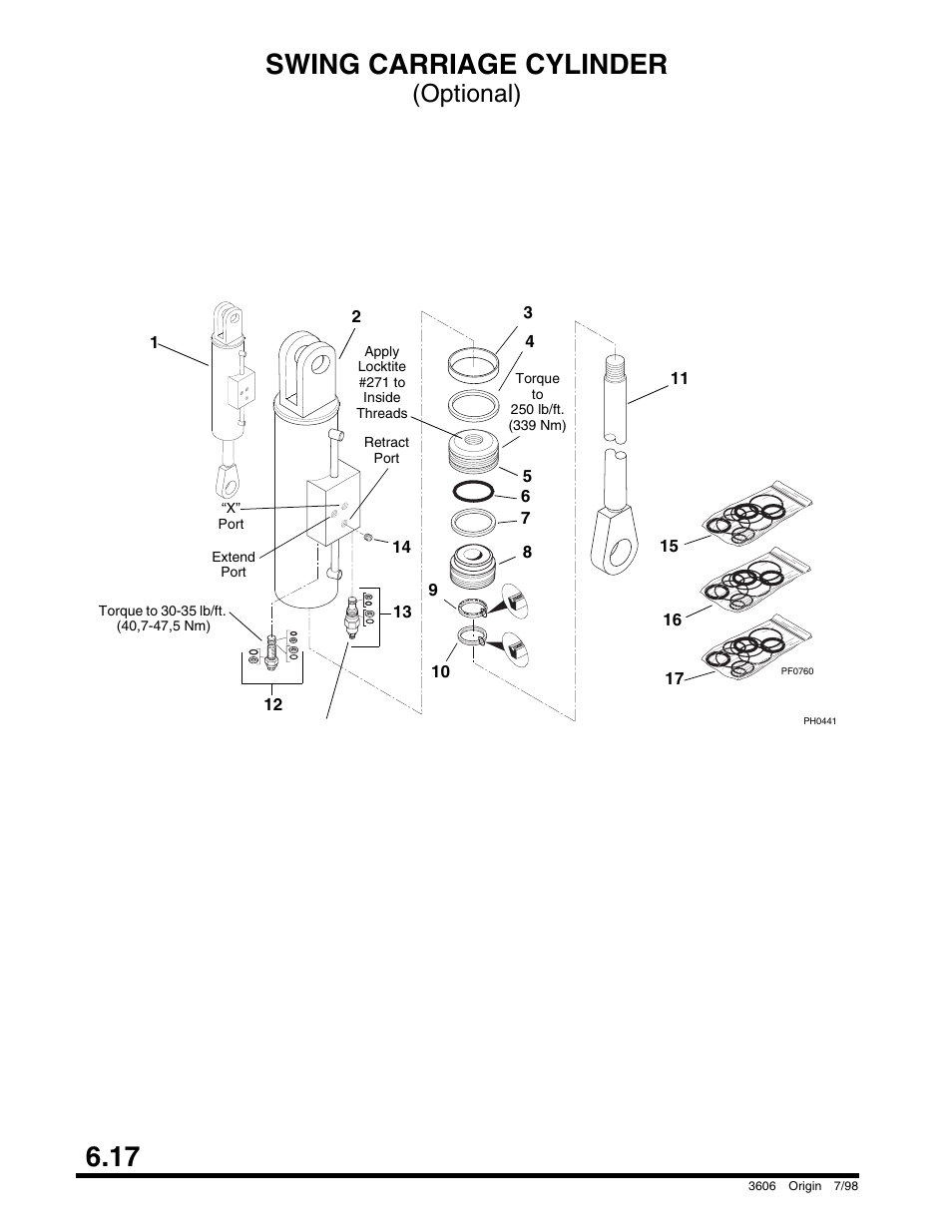 Swing carriage cylinder, 17 swing carriage cylinder, Optional) | SkyTrak 3606 Parts Manual User Manual | Page 170 / 238