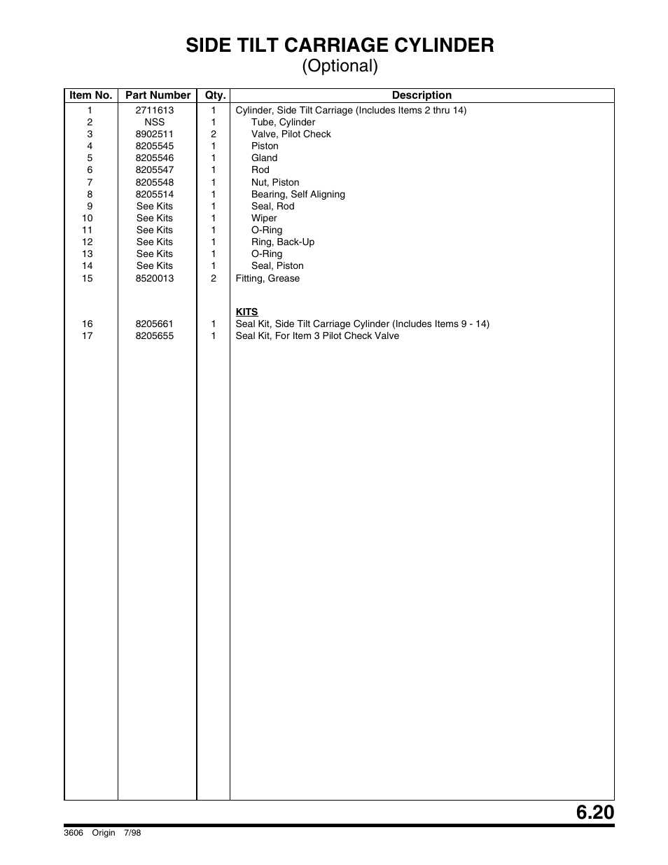 Side tilt carriage cylinder, Optional) | SkyTrak 3606 Parts Manual User Manual | Page 173 / 238