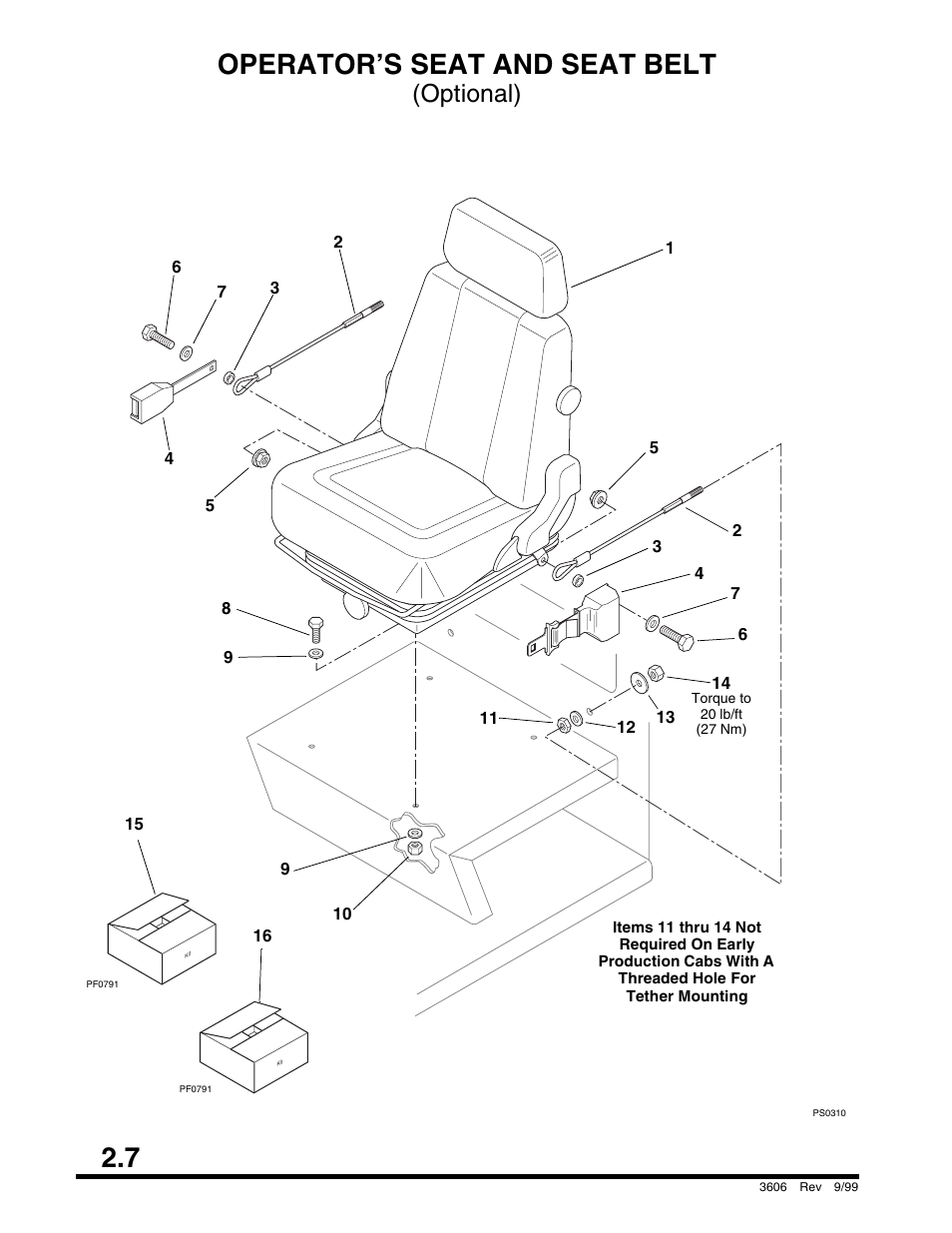 Operator’s seat and seat belt, Section 2 – operator’s cab and controls, 4 speed) | 7 operator’s seat and seat belt, Optional) | SkyTrak 3606 Parts Manual User Manual | Page 18 / 238