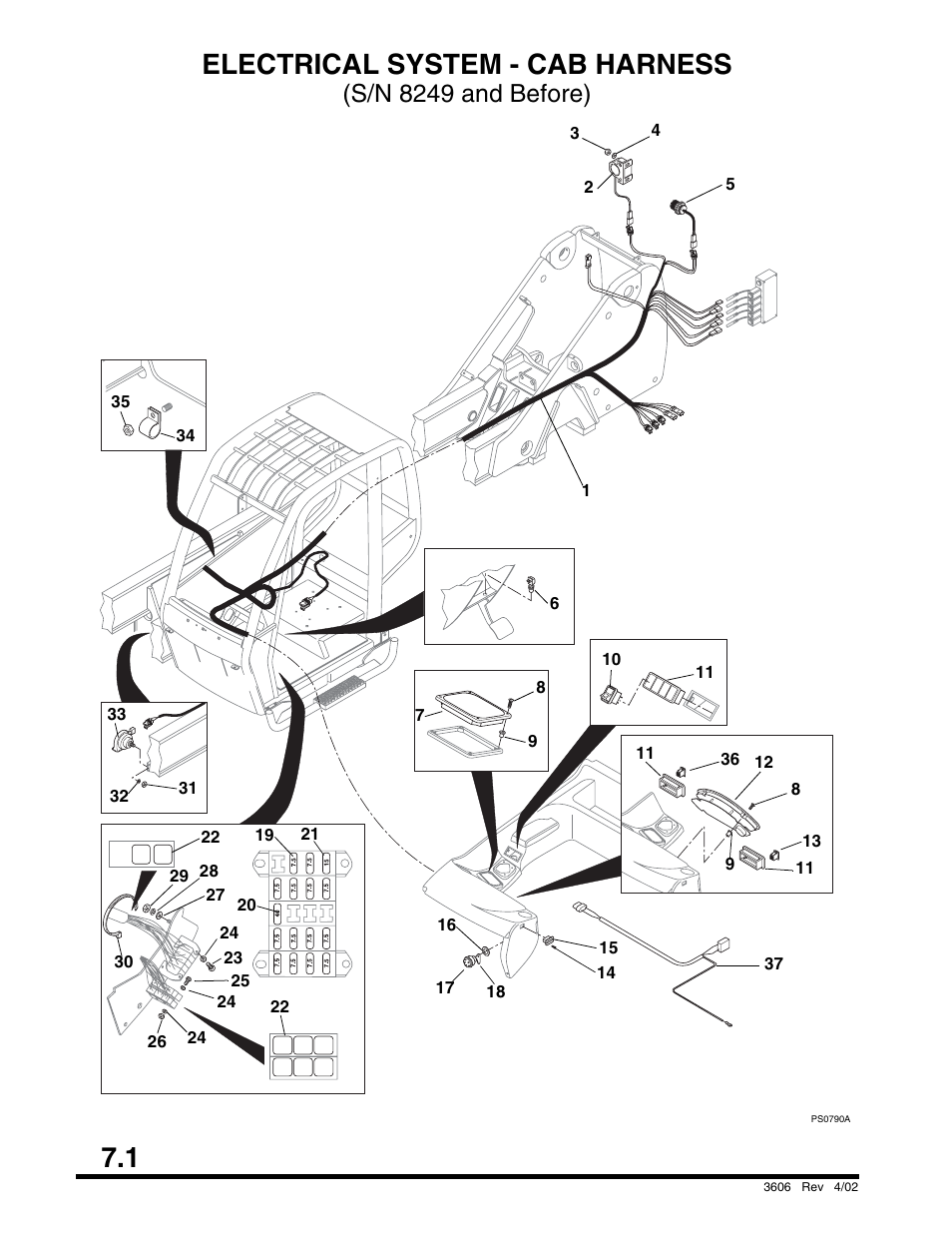 Section 7 electrical, Electrical system - cab harness, S/n 8250 and after) | S/n 8249 and before) | SkyTrak 3606 Parts Manual User Manual | Page 180 / 238