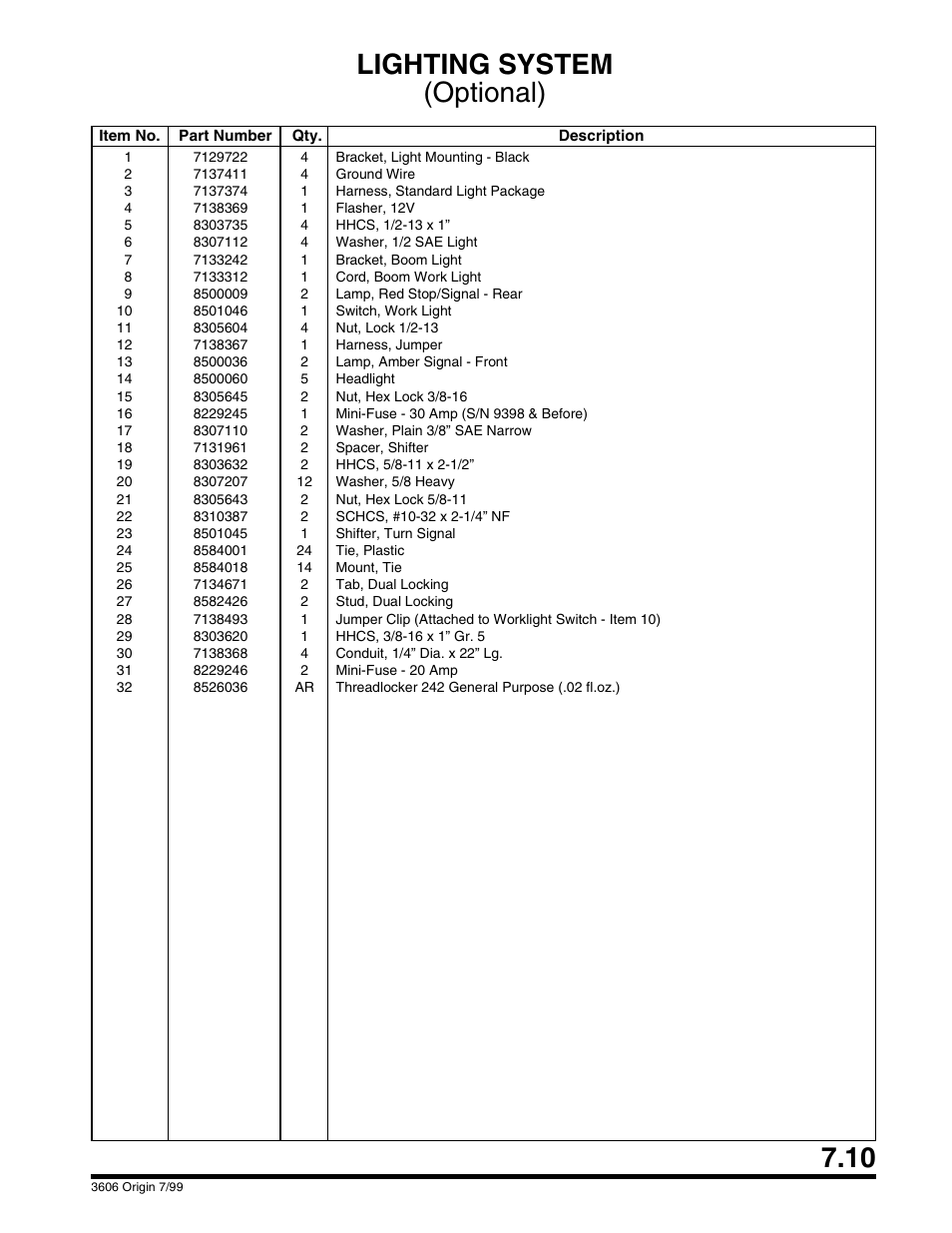 Lighting system (optional) | SkyTrak 3606 Parts Manual User Manual | Page 189 / 238