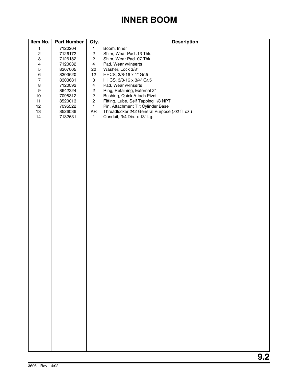 Inner boom | SkyTrak 3606 Parts Manual User Manual | Page 195 / 238