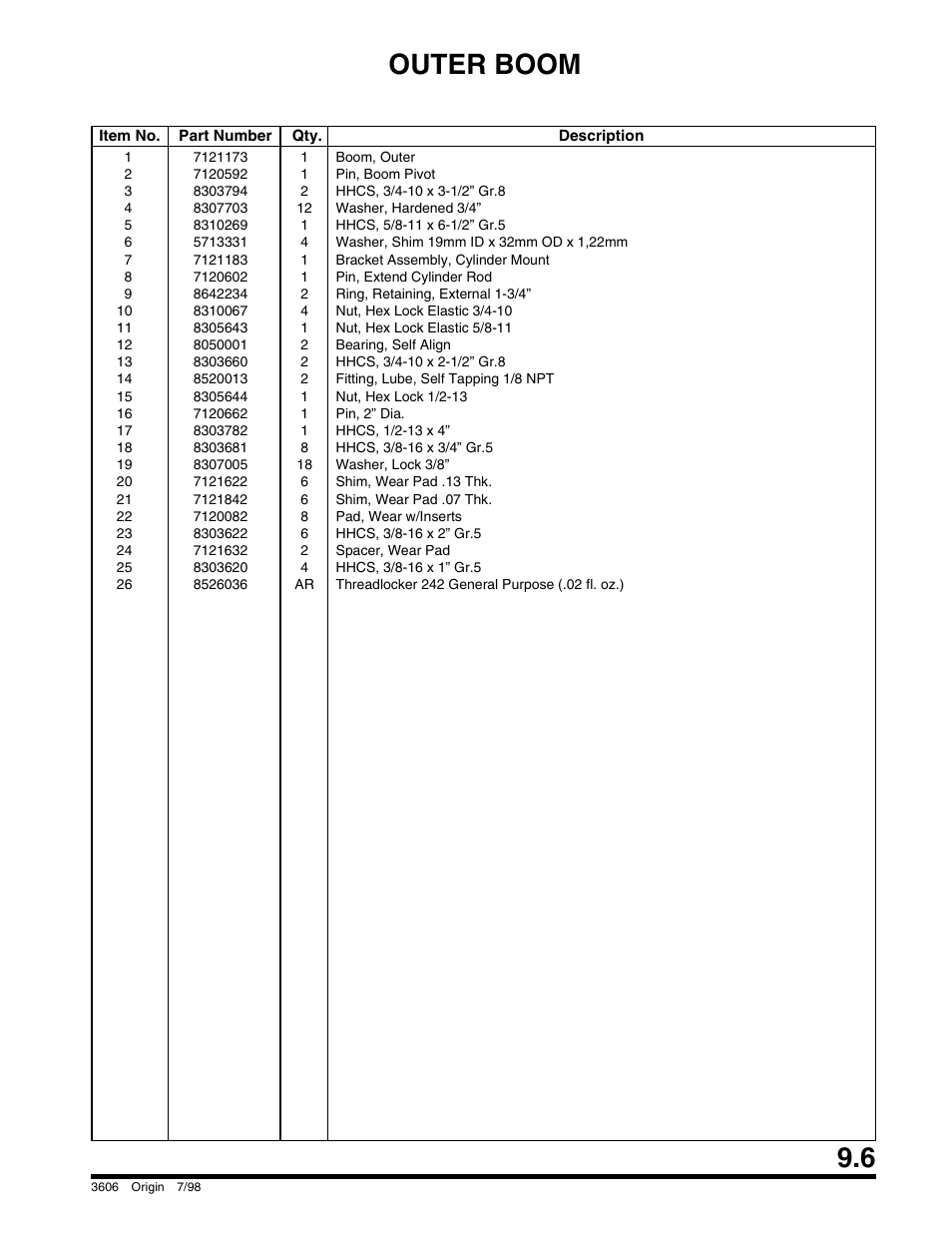 Outer boom | SkyTrak 3606 Parts Manual User Manual | Page 199 / 238